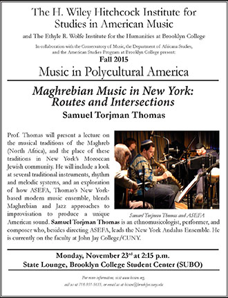Poster for Maghrebian Music in New York: Routes and Intersections. Insert Image: Samuel Torjman Thomas and ASEFA.