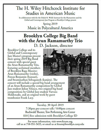 Poster for Music in Polycultural America - <em>Brooklyn College Big Band with the Arun Ramamurthy Trio</em>