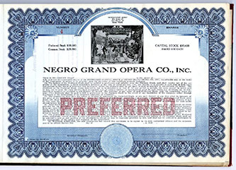 Negro Grand Opera Co. Stock. Preferred Stock $30,000; Common Stock $20,000; Capital Stock $50,000; Shares $100 each (1920). H. Lawrence Freeman Papers, Series VI, Box 51.