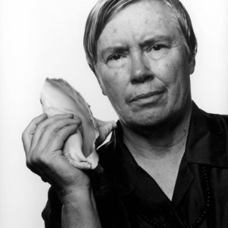 Pauline Oliveros with conch shell, 1995