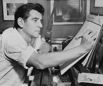 Bernstein composes at the piano, 1955, Photo by Al Ravenna, courtesy of the Library of Congress