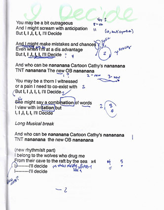 “I Decide” lyrics with Landeau’s composition notes
