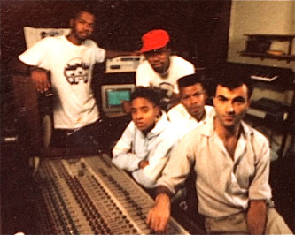 L-R: Milk Dee, Gizmo (in red hat), MC Lyte, King of Chill, and engineer Yoram Yazzul at Firehouse Studios, 1988
