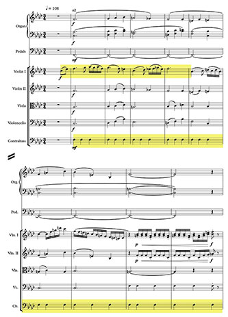 Example 2: Sixth movement allusion to regal motif with ostinato in Contrabasse; highlighted in mm. 248–57