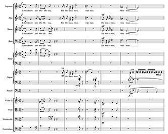 Example 3: “I don’t know just who he was” and fanfare, mm. 309–15