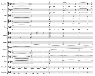 Example 5: D minor climax, “Follow, follow the star tonight,” mm. 338–42