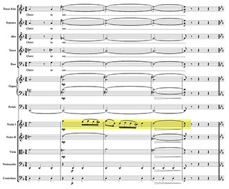 Example 6: D Major postlude, mm. 353–57; regal motif highlighted in Violin I