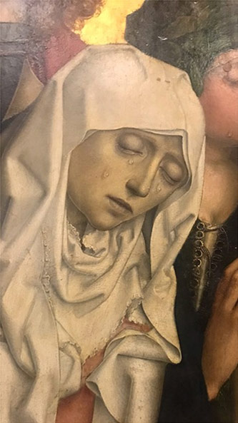 Detail from: Master of the Saint Bartholomew Altarpiece, The Descent from the Cross, oil on panel, about 1500 (detail of the Virgin), Musée du Louvre, accession no. INV 1445.