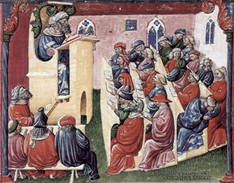 14th-century image Henricus de Alemannia with his students (by Laurentius de Voltolina).