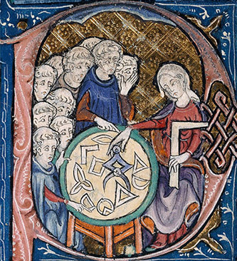 A 14th-century image of Geometry teaching her students, from British Library ms. Burney 275 f. 293r.