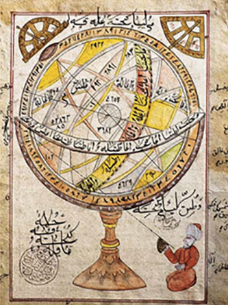 Islamic armillary sphere from a 16th-century Ottoman manuscript.