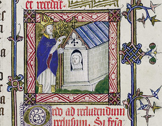 The formal enclosure of an anchoress in her cell by a bishop from a 15th century pontifical