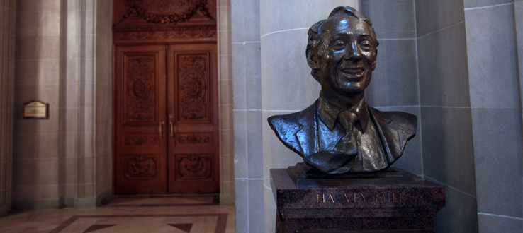 A monumental bronze bust of Harvey Milk, the first openly gay politician to be elected to public office anywhere in the world, in San Francisco City Hall.
