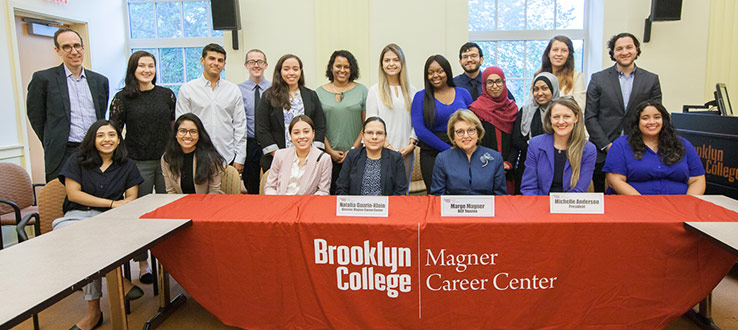 Marge Magner, President Michelle Anderson, Vice President for Institutional Advancement Todd Galitz and Director of Magner Career Center, Natalia Guarin-Klein with 2019 stipend winners
