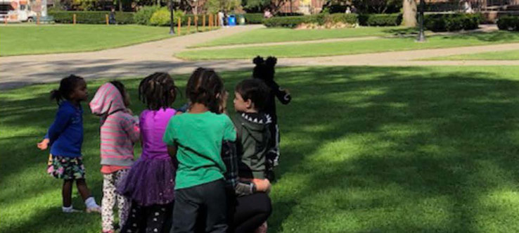 The Fours on Campus: The four year olds at the Brooklyn College Early Childhood Center enjoy excursions on campus where they observe the buildings, the birds, shadows, trees and the expansive lawns for walking, running and exploring.