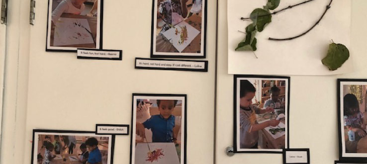 The children explore the natural materials that they found in the yard - sticks, dried leaves and flower petals - as they also create minimalist inspired artwork.
