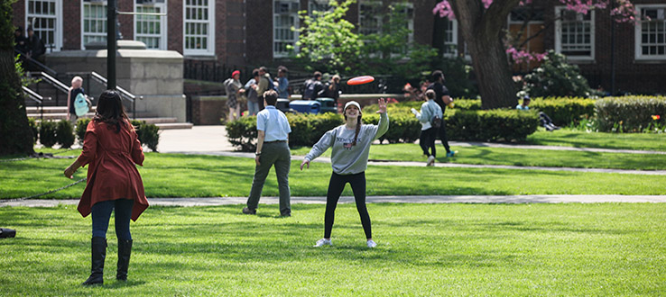Frisbee tosses, Hacky Sack games, and impromptu badminton practice are a few ways to relax and have some fun on the Quad.