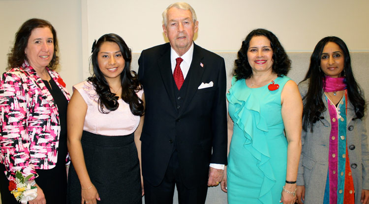Brooklyn College alumnae and 2012 Extraordinary Women (from left) Joyce Verderosa, Matilde Pedrero, Sonia Valentin Fernandez and Rukhsana Liaqat with Kings County District Attorney Charles Hynes.
