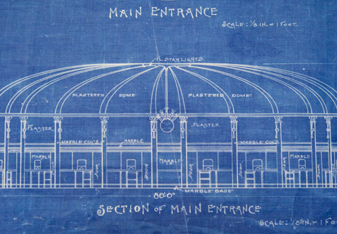 Blueprint of the main entrance to Ebbets Field, filed in 1912 by Dodgers president Charles H. Ebbets and architect Clarence R. Van Buskirk.