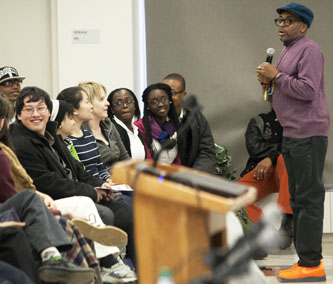 At the Brooklyn College Student Center, movie director Spike Lee takes questions from students after his keynote address at the "Race and Performance" conference organized by the Africana Studies Department. 