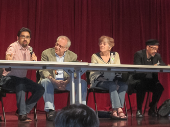Opening plenary at the 2013 LAWCHA Conference. From left: Saket Soni, Richard Wolff, Frances Fox Piven, Bill Fletcher, Jr.