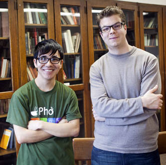 Poets Ocean Vuong (left) and Ben Lerner at the Costas Library.