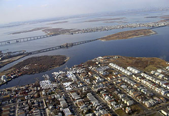 An aerial view of Jamaica Bay highlights how surrounding neighborhoods are impacted by the condition of the bay and reliant on its fortification.