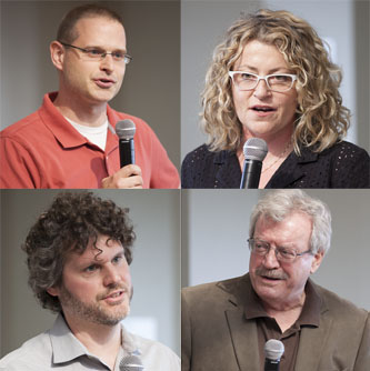 Clockwise from the top left: Professors Aaron Kozbelt, Patricia Cronin, Luigi Bonaffini, and Jason Eckardt were each awarded a Tow Professorship to continue their projects. 