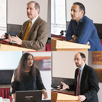 Clockwise from top left: Professors Alex Vitale, Moustafa Bayoumi, Benjamin Carp, and Sandra Kingan