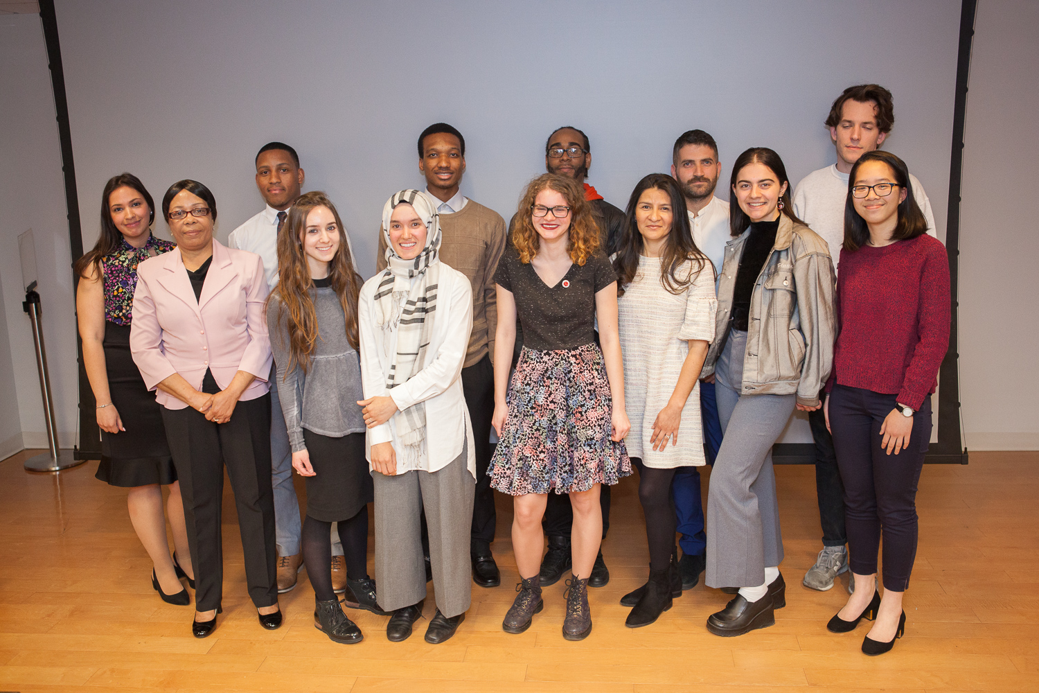 2018 Labor Arts winners — Front row from left: Linda Henry, Yocheved Friedman, Fatma Elgohary, Frances Raybaud, Jessica Alort, Jacqueline Gallo, and Vicky Lee; back row, from left: Jasmine Toledo, Zeus Sumra, Jovon Pryce, Quamel Watson, Shuki Hasson, and Grayson Wolf. Photo: David Rozenblyum.