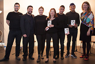 President Michelle Anderson (at right) with author Pam Laskin (center) and cast of <em>Ronit & Jamil.</em>