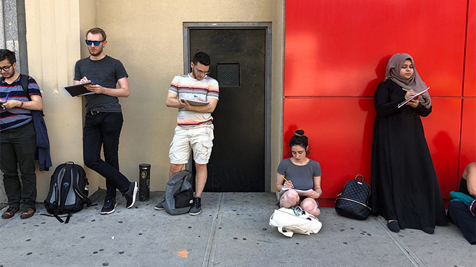 Students from the urban anthropology project field school map a block—sketching and recording details of every building, structure, and significant detail—on the Bowery in Lower Manhattan. The maps are part of the field journals the students maintain throughout the course.