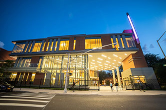 Night view of the Leonard & Claire Tow Center for the Performing Arts with new gateway entrance.