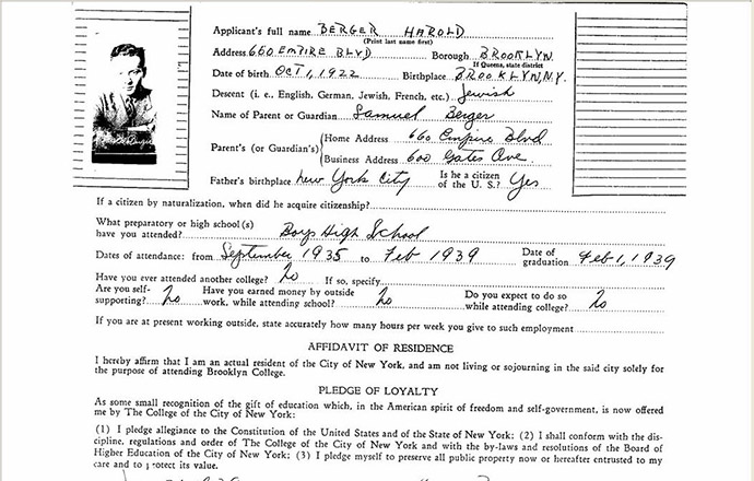 Berger's father, Harold, died in 1960, when Berger was just two years old. His photo and personal data appeared on the back of his Brooklyn College transcript. (Brooklyn College archives)