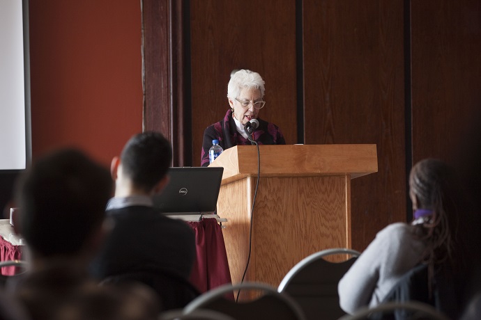 Professor and Department of Judaic Studies Chair Sara Reguer reads excerpts from <em>Opinionated</em> at an event held in her honor at the Brooklyn College Student Center.