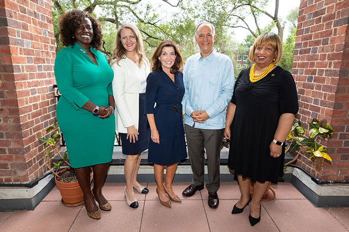 (L-R) Kingsborough Community College President Claudia V. Schrader, Brooklyn College President Michelle J. Anderson, New York State Lt. Governor Kathy Hochul, CUNY Chancellor Félix V. Matos Rodríguez and Medgar Evers College President Patricia Ramsey.