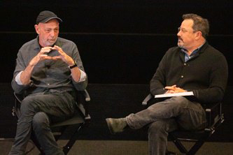 Celebrated cinematographer Stuart Dryburgh (left) offered a master class for students at the school on April 7 and served as a Filmmaker-in-Residence during the Spring 2022 semester. At right is Richard N. Gladstein, Executive Director for Brooklyn College’s Feirstein Graduate School of Cinema.  