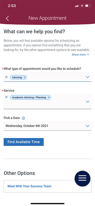 Choose the type, service and date and click on “find available time.”