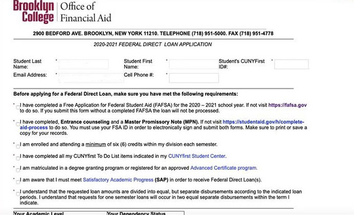 A screenshot oh the top portion the Dynamic Federal Direct Loan Form which requests student name and EMPLID number.