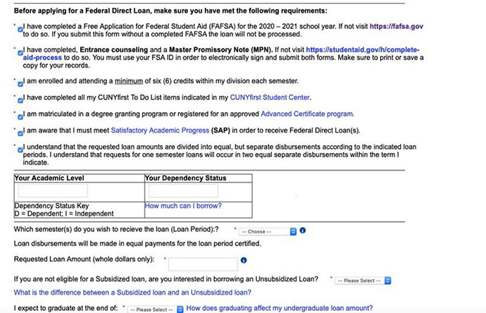 A screenshot of the middle portion the Dynamic Federal Direct Loan Form which displays the criteria that need to be met to be eligible for the loan. Each criteria has a check box to be checked off by the applicant.