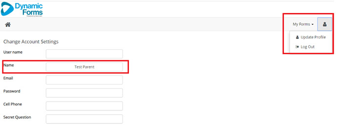 Screenshot of the Dynamic Forms profile page for a parent. In the upper right corner it the link for updating the profile is highlighted with a red border. The field where a parent can change there name is highlighted with a red border.