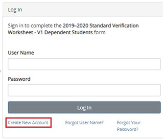 View of the login page for Dynamic Forms manual account that a parent will use to create a login. The Login button and create new account links are highlighted with a red border. There are fields for a user to enter their username and password. 