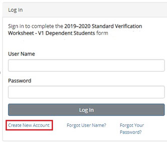 View of the login page for Dynamic Forms manual account that a parent will use to create a login. The Login button and create new account links are highlighted with a red border. There are fields for a user to enter their username and password.