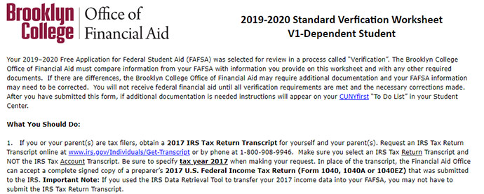 Image of the instructions page of the FAFSA Verification worksheet.