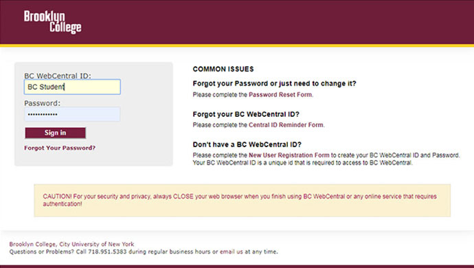 Image of the BC Web Central Portal showing the space to type the BC Web Central ID and password. Information to reset a password, retrieve username, and create a Web Central ID appear on the right side of the page.